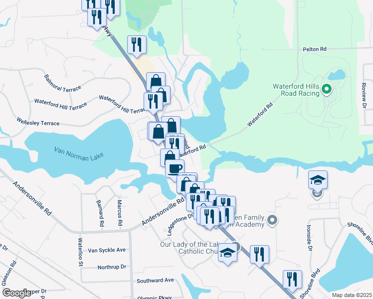 map of restaurants, bars, coffee shops, grocery stores, and more near 4569 Waterford Road in Clarkston