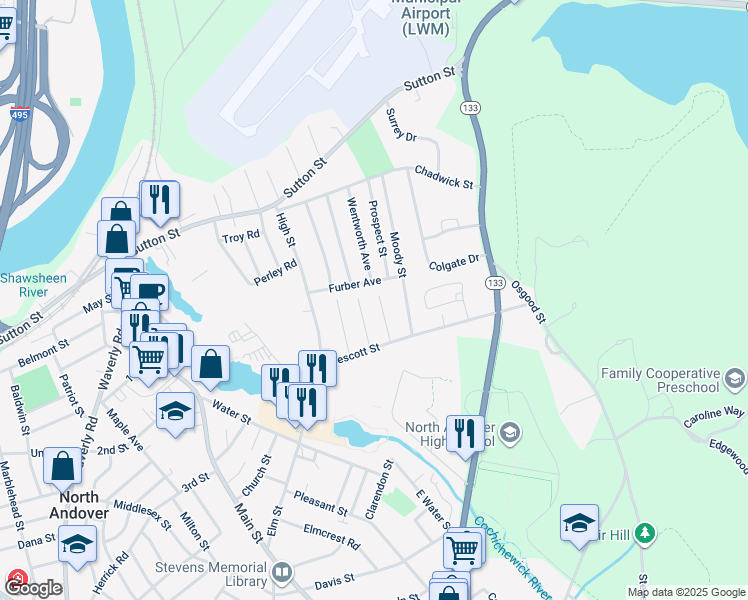 map of restaurants, bars, coffee shops, grocery stores, and more near 40 Summit Street in North Andover