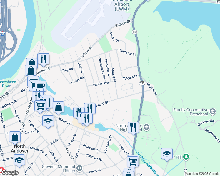 map of restaurants, bars, coffee shops, grocery stores, and more near 40 Summit Street in North Andover