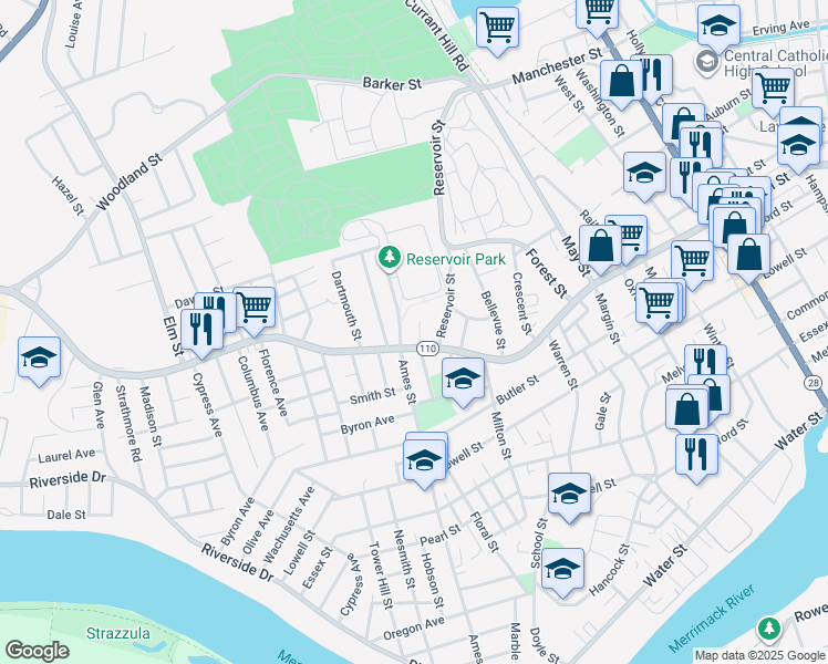 map of restaurants, bars, coffee shops, grocery stores, and more near 581 Massachusetts 110 in Lawrence