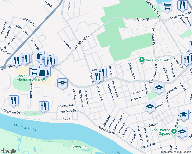 map of restaurants, bars, coffee shops, grocery stores, and more near 5 Elm Street in Methuen