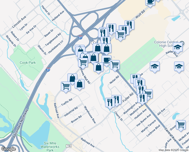 map of restaurants, bars, coffee shops, grocery stores, and more near Northway Mall Road in Albany