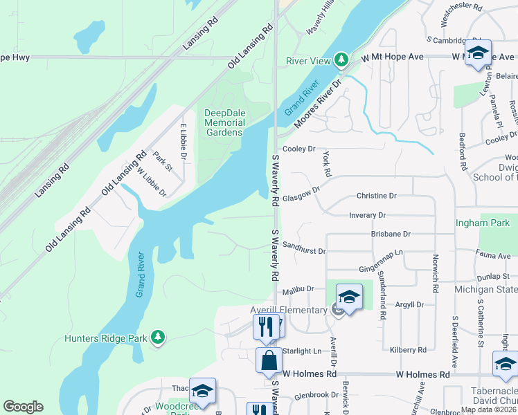 map of restaurants, bars, coffee shops, grocery stores, and more near 3 Locust Lane in Lansing