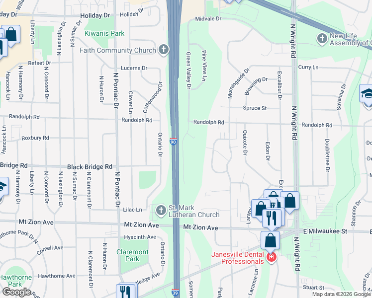 map of restaurants, bars, coffee shops, grocery stores, and more near 1804 Green Valley Drive in Janesville