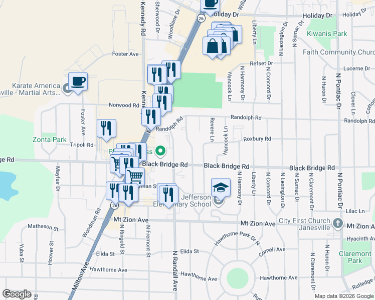 map of restaurants, bars, coffee shops, grocery stores, and more near 1721 Tamarack Lane in Janesville