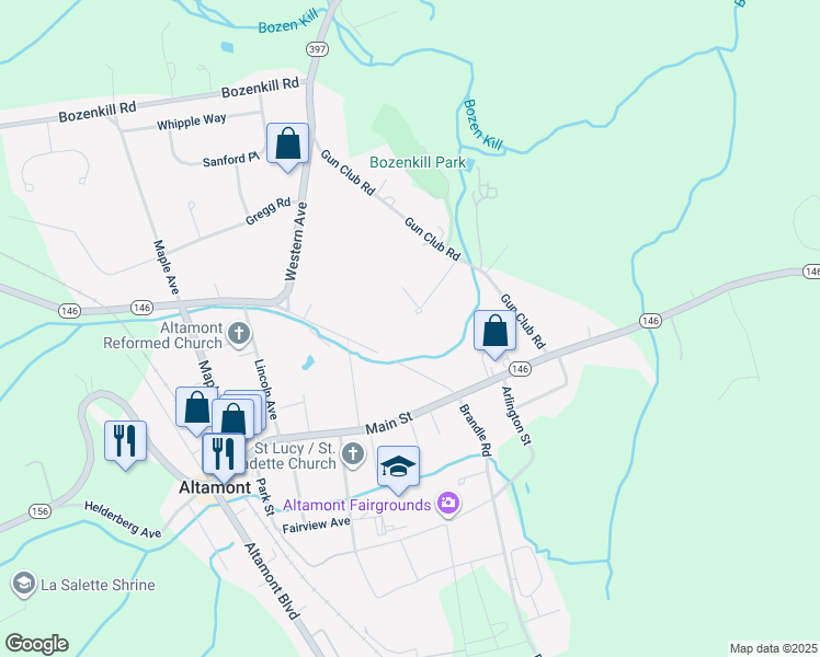 map of restaurants, bars, coffee shops, grocery stores, and more near 17 Marian Court in Altamont