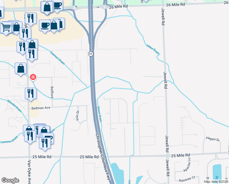 map of restaurants, bars, coffee shops, grocery stores, and more near 10469 Excalibur Drive in Macomb County