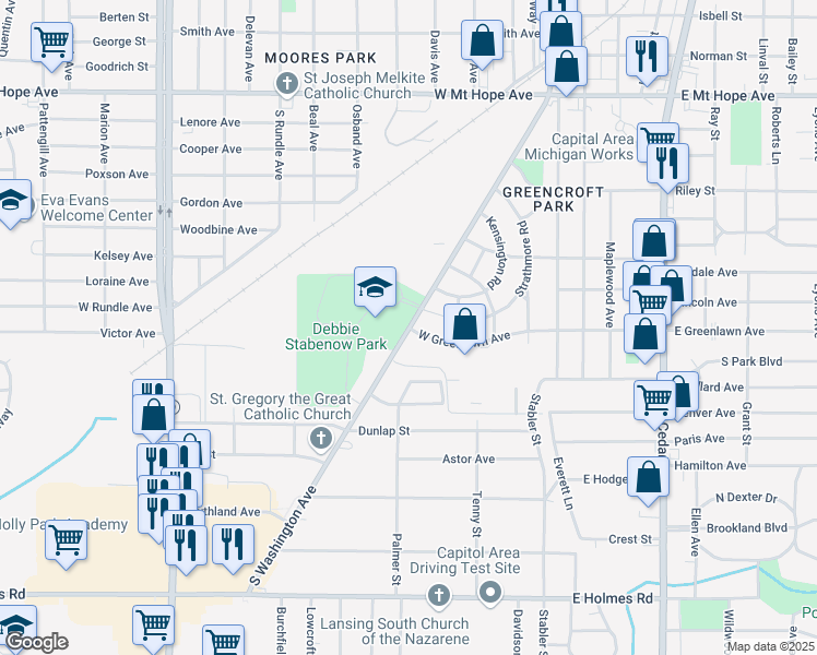 map of restaurants, bars, coffee shops, grocery stores, and more near S Washington Ave & W Greenlawn Ave in Lansing