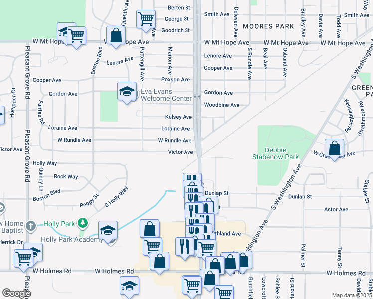 map of restaurants, bars, coffee shops, grocery stores, and more near 1124 Victor Avenue in Lansing