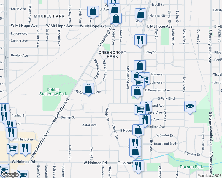 map of restaurants, bars, coffee shops, grocery stores, and more near 2601 Forest Avenue in Lansing