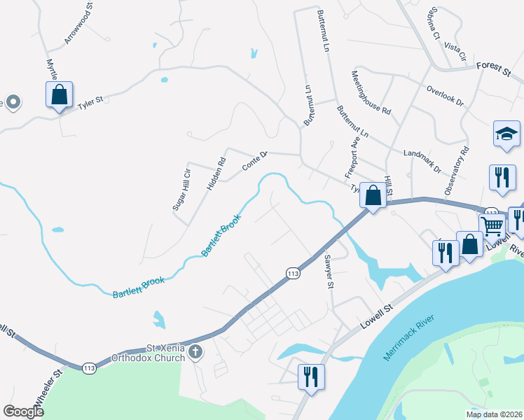 map of restaurants, bars, coffee shops, grocery stores, and more near 11 Oxyoke Drive in Methuen