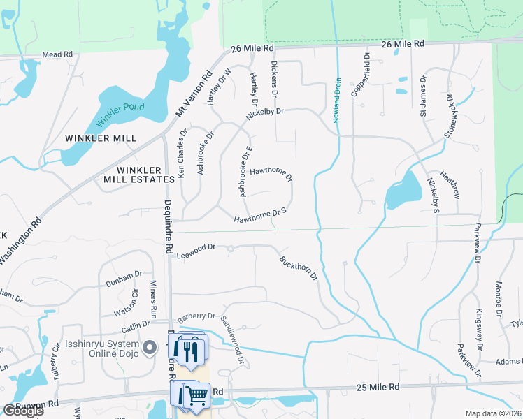 map of restaurants, bars, coffee shops, grocery stores, and more near 2517 Hawthorne Drive South in Shelby Township
