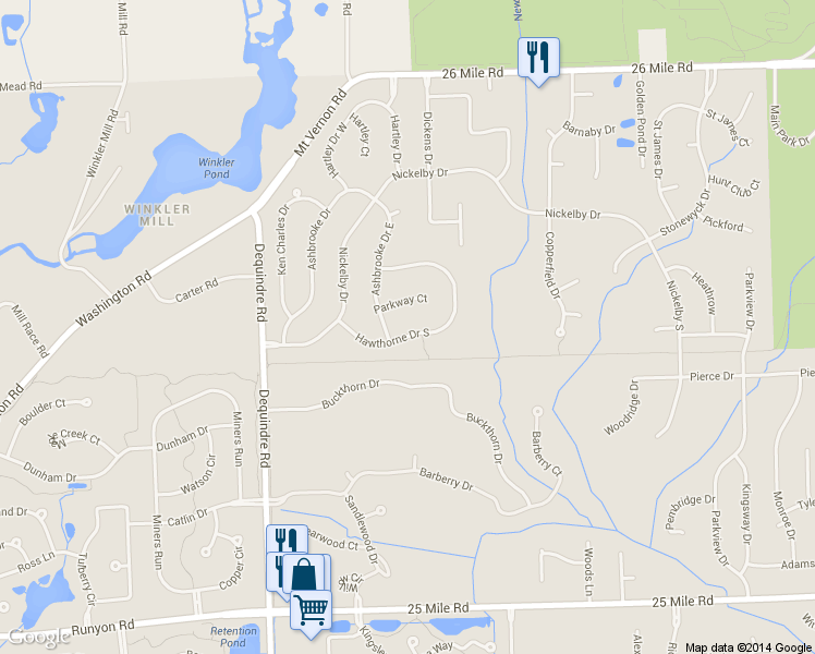 map of restaurants, bars, coffee shops, grocery stores, and more near 2517 Hawthorne Drive South in Shelby Township