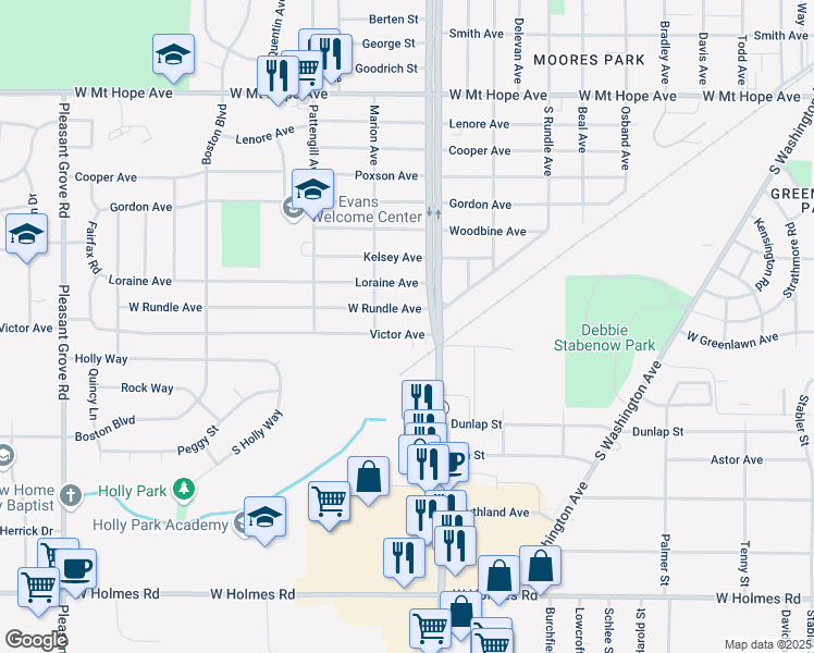 map of restaurants, bars, coffee shops, grocery stores, and more near 1124 Victor Avenue in Lansing
