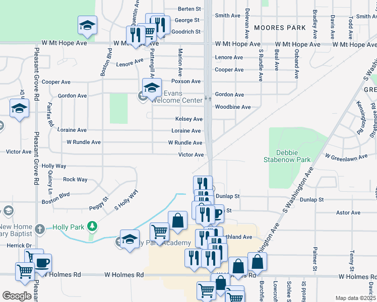 map of restaurants, bars, coffee shops, grocery stores, and more near 1305 Victor Avenue in Lansing