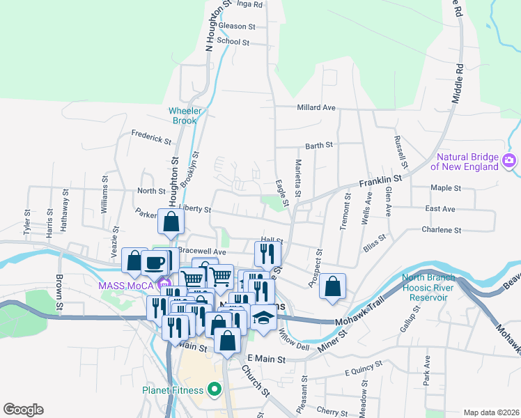 map of restaurants, bars, coffee shops, grocery stores, and more near 61 Liberty Street in North Adams