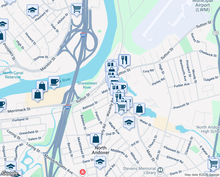 map of restaurants, bars, coffee shops, grocery stores, and more near 44 Main Street in North Andover