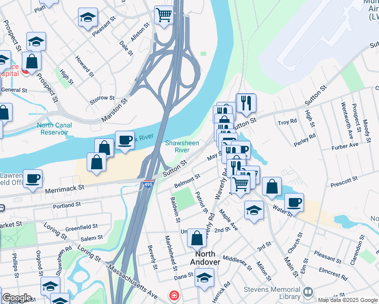 map of restaurants, bars, coffee shops, grocery stores, and more near in North Andover
