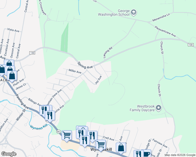 map of restaurants, bars, coffee shops, grocery stores, and more near 12 Sanford Avenue in Troy