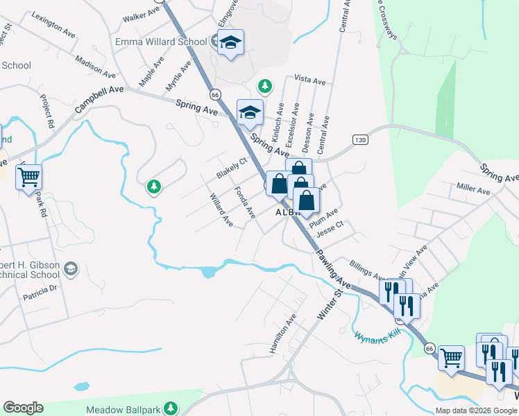 map of restaurants, bars, coffee shops, grocery stores, and more near 16 Woodlawn Court in Troy