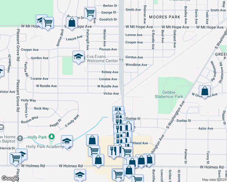 map of restaurants, bars, coffee shops, grocery stores, and more near 1124 Victor Avenue in Lansing