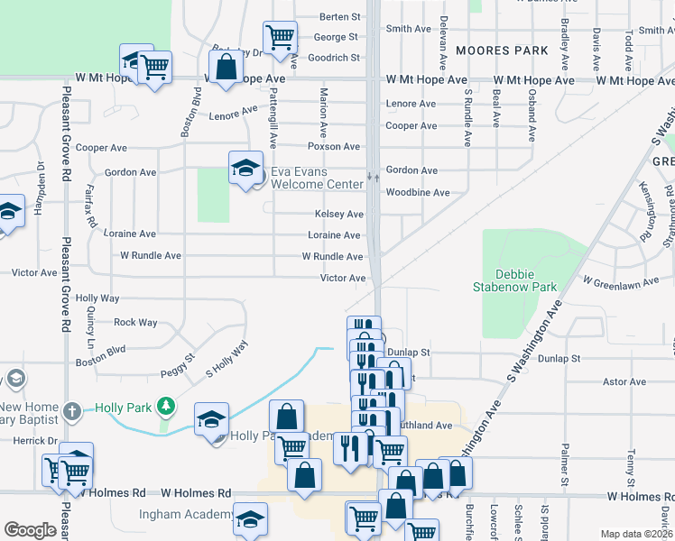 map of restaurants, bars, coffee shops, grocery stores, and more near 1305 Victor Avenue in Lansing