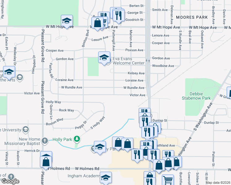 map of restaurants, bars, coffee shops, grocery stores, and more near 1409 Victor Avenue in Lansing
