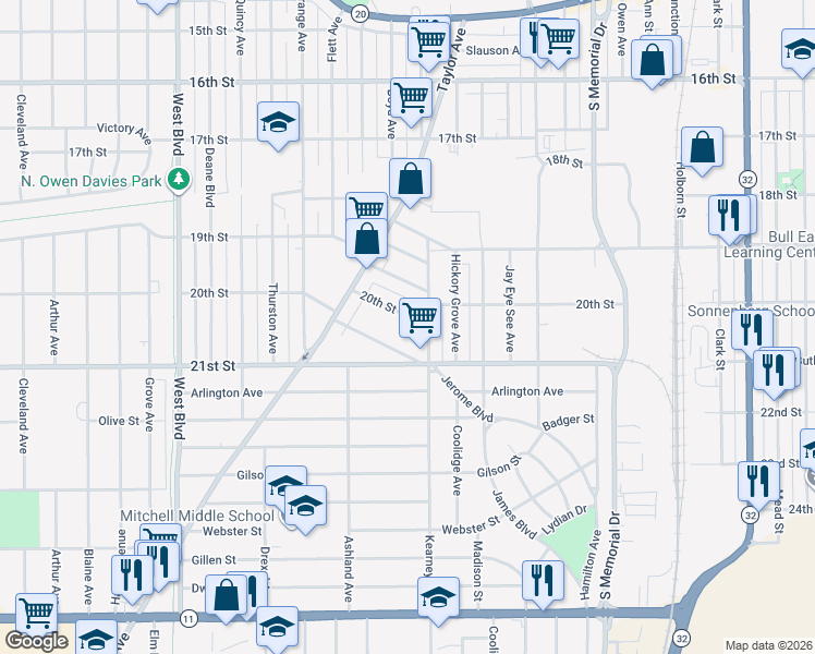 map of restaurants, bars, coffee shops, grocery stores, and more near 2315 20th Street in Racine
