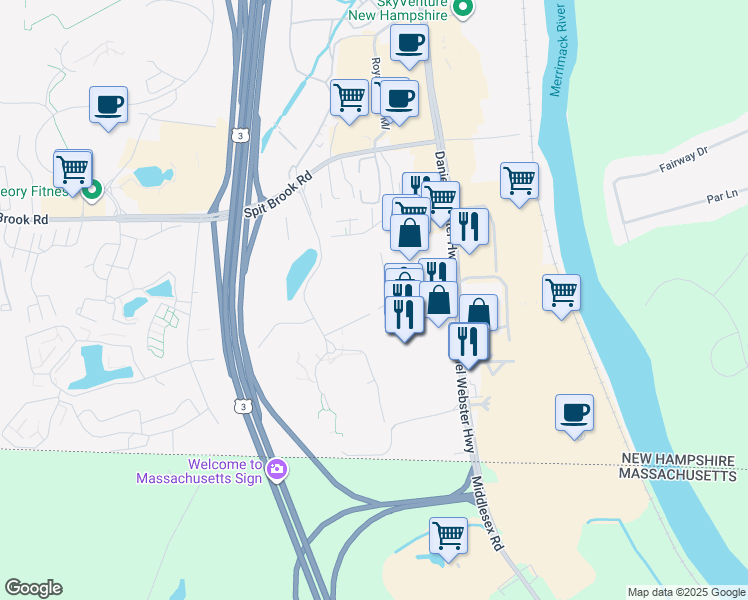 map of restaurants, bars, coffee shops, grocery stores, and more near 1 Danforth Road in Nashua