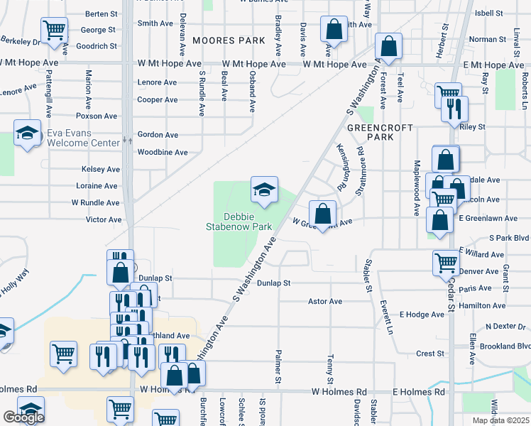 map of restaurants, bars, coffee shops, grocery stores, and more near 3101 Technology Boulevard in Lansing