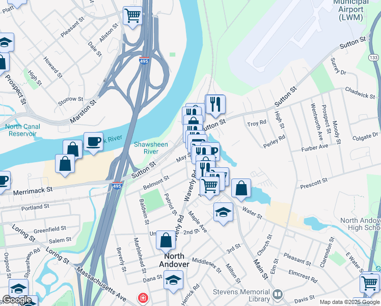 map of restaurants, bars, coffee shops, grocery stores, and more near 44 Main Street in North Andover