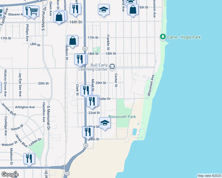 map of restaurants, bars, coffee shops, grocery stores, and more near 2015 Franklin Street in Racine