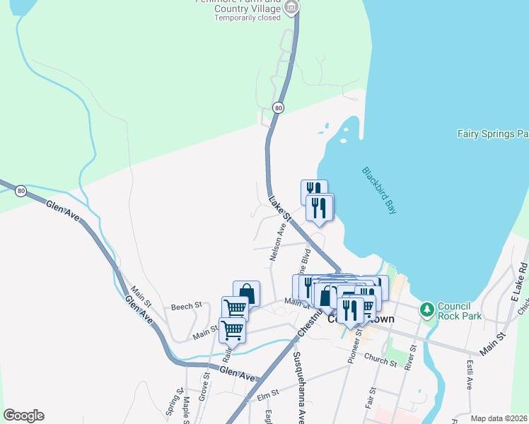 map of restaurants, bars, coffee shops, grocery stores, and more near 3 Westridge Road in Cooperstown