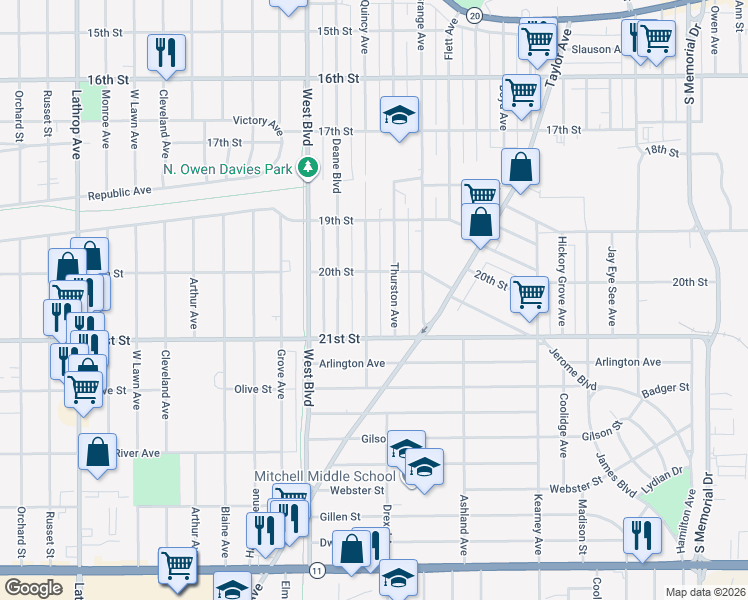 map of restaurants, bars, coffee shops, grocery stores, and more near 2044 Thurston Avenue in Racine