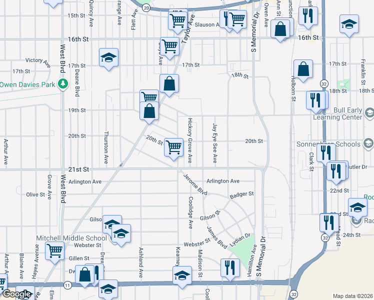 map of restaurants, bars, coffee shops, grocery stores, and more near 2016 Hickory Grove Avenue in Racine