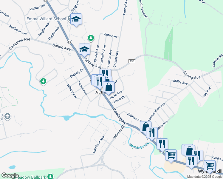 map of restaurants, bars, coffee shops, grocery stores, and more near 597-599 Pawling Avenue in Troy