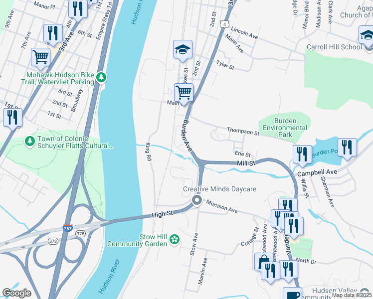 map of restaurants, bars, coffee shops, grocery stores, and more near 18-20 Cross Street in Troy
