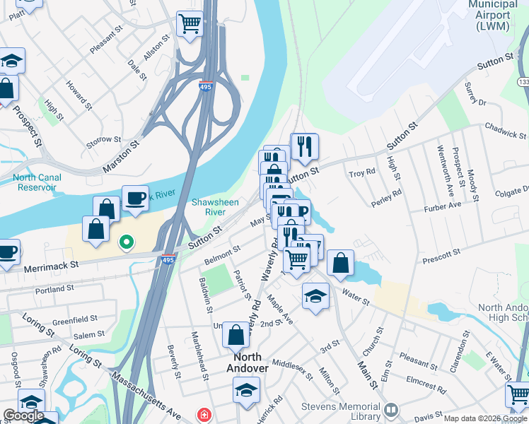 map of restaurants, bars, coffee shops, grocery stores, and more near 22 May Street in North Andover