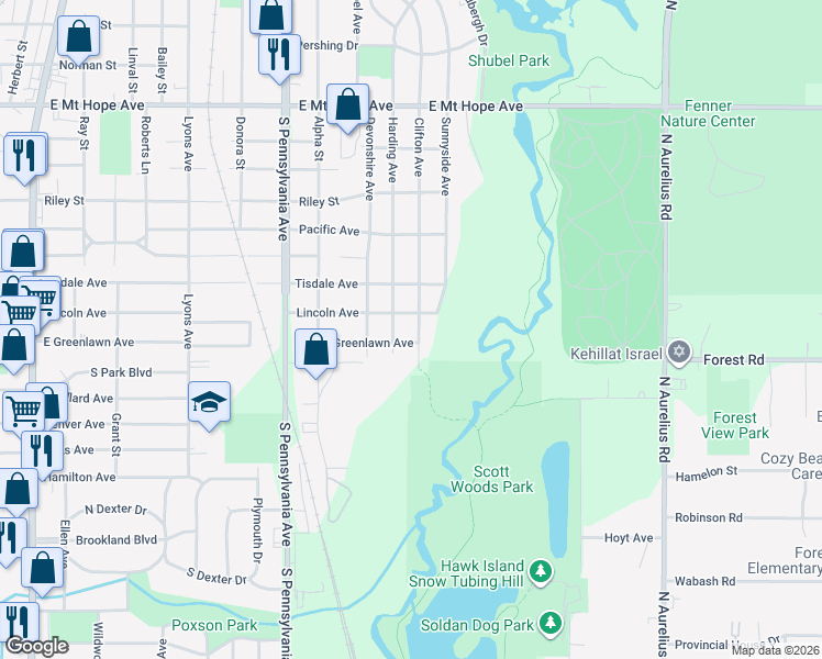 map of restaurants, bars, coffee shops, grocery stores, and more near in Lansing