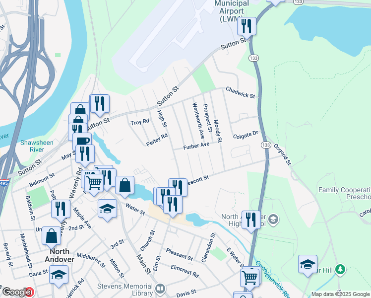 map of restaurants, bars, coffee shops, grocery stores, and more near 21 Furber Avenue in North Andover