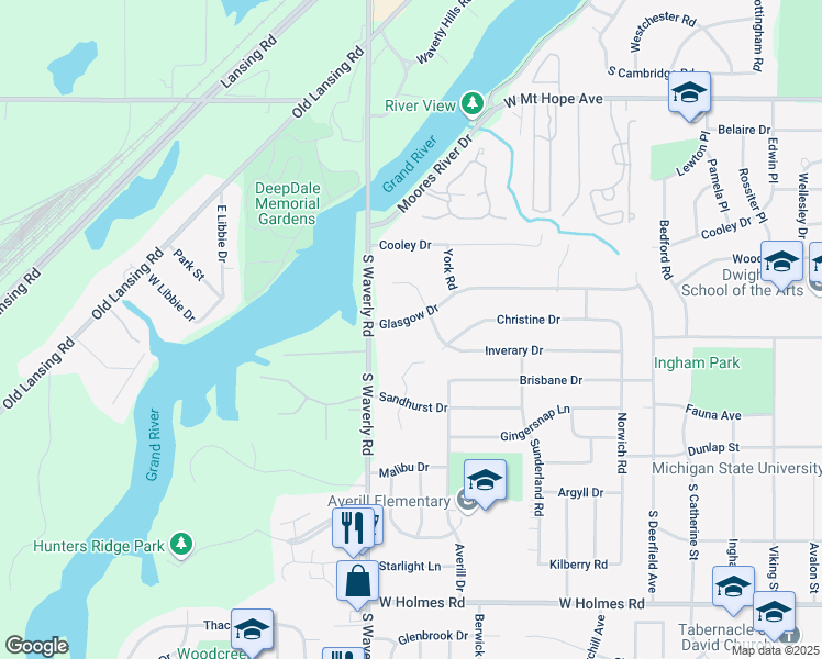 map of restaurants, bars, coffee shops, grocery stores, and more near 3721 Glasgow Drive in Lansing