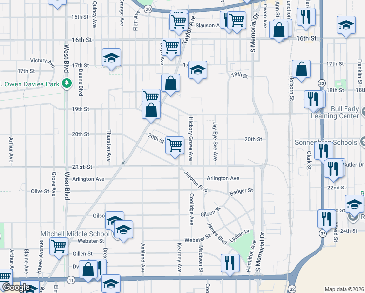 map of restaurants, bars, coffee shops, grocery stores, and more near 2028 Hickory Grove Avenue in Racine