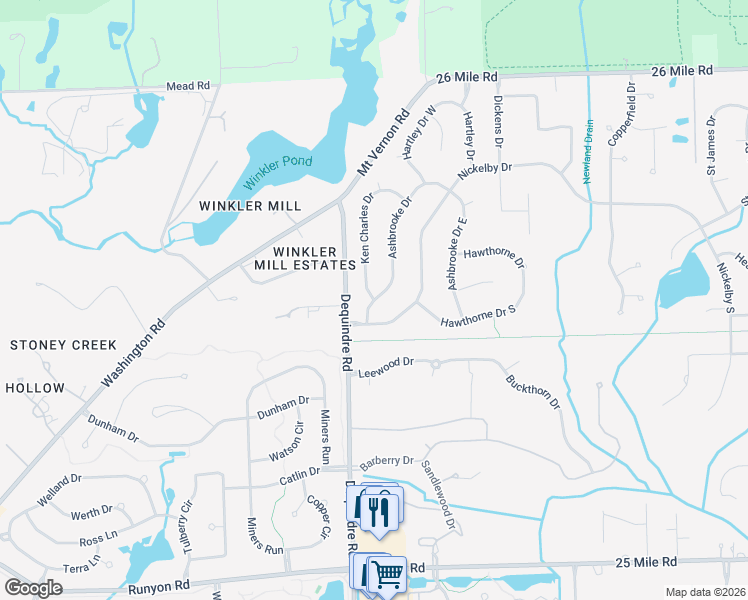 map of restaurants, bars, coffee shops, grocery stores, and more near 56396 Ashbrooke Drive West in Shelby Township