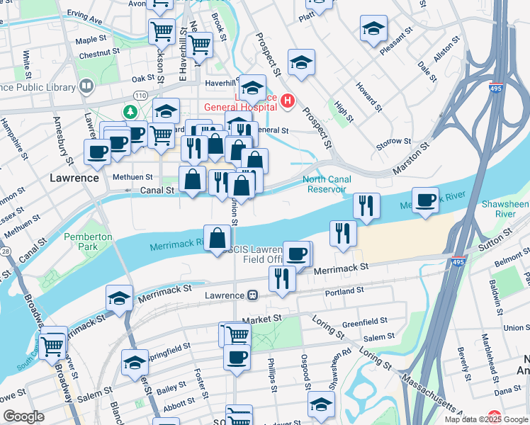 map of restaurants, bars, coffee shops, grocery stores, and more near in Lawrence