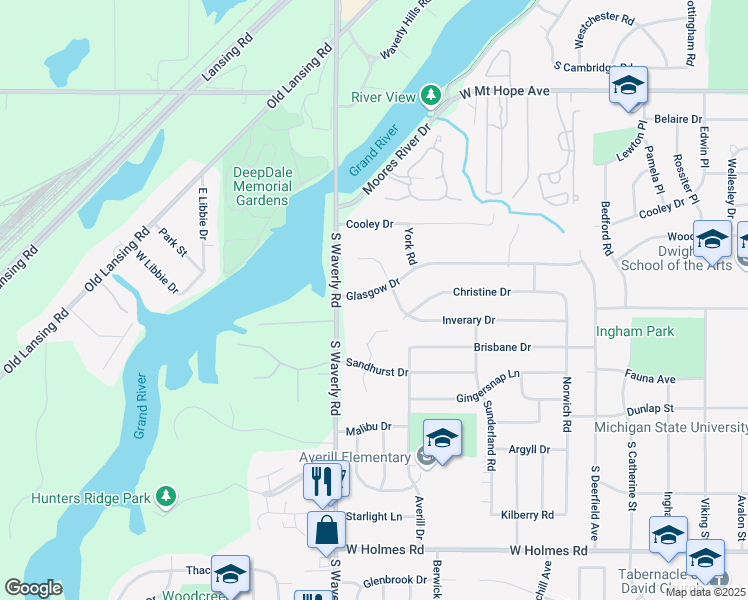 map of restaurants, bars, coffee shops, grocery stores, and more near 3721 Glasgow Drive in Lansing