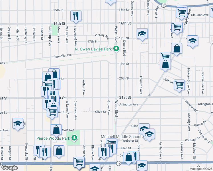 map of restaurants, bars, coffee shops, grocery stores, and more near 2040 Grove Avenue in Racine