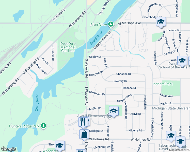 map of restaurants, bars, coffee shops, grocery stores, and more near 3721 Glasgow Drive in Lansing