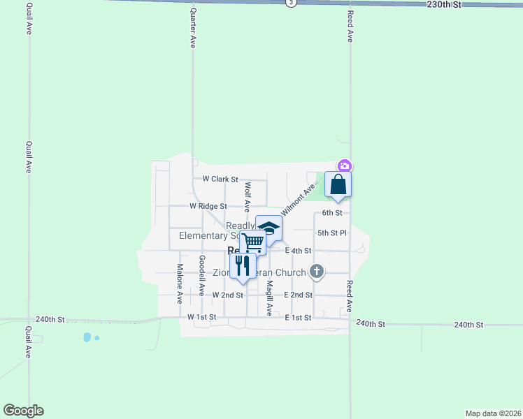 map of restaurants, bars, coffee shops, grocery stores, and more near 112 E 5th St in Readlyn