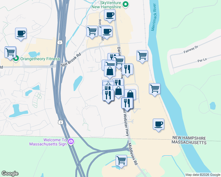map of restaurants, bars, coffee shops, grocery stores, and more near 4 Danforth Road in Nashua