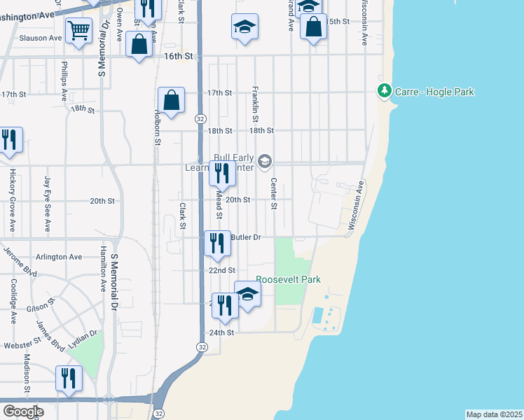 map of restaurants, bars, coffee shops, grocery stores, and more near 2015 Franklin Street in Racine
